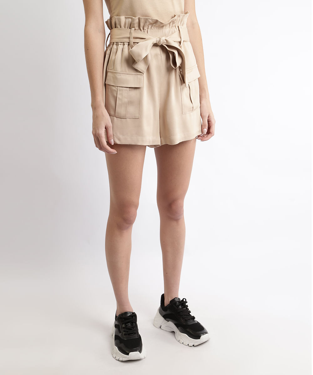 CeA Short Feminino Clochard Cintura Alta com Bolsos e Faixa para Amarrar Bege CeA Short Feminino Clochard Cintura Alta com Bolsos e Faixa para Amarrar Bege