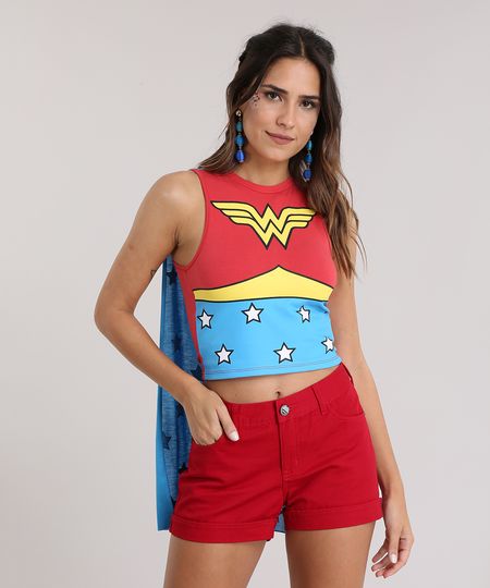 Regata Cropped Carnaval Mulher Maravilha Com Capa Vermelha Cea