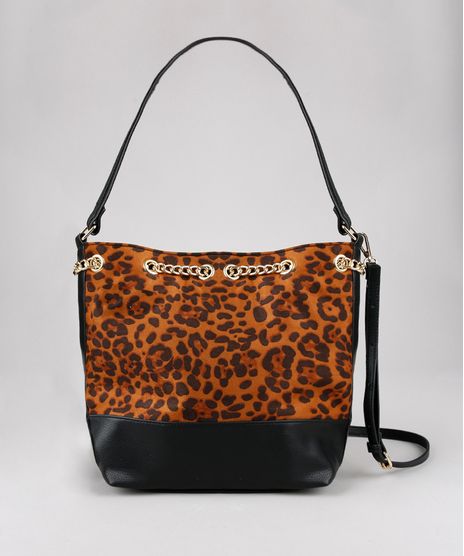 Bolsa-Hobo-Feminina-Grande-com-Estampa-Animal-Print-e-Corrente-Preta-9484657-Preto_1