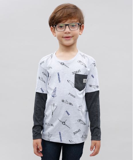 Camiseta-Infantil-Estampada--Space--com-Bolso-Manga-Curta-Cinza-Mescla-Claro-9534264-Cinza_Mescla_Claro_1