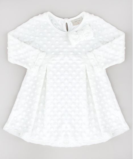 Vestido Infantil Em Plush Texturizado Manga Longa Off White Cea