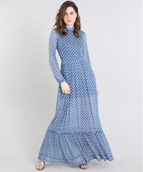 Vestido Feminino Mindset Longo Estampado Floral Em Tule Manga