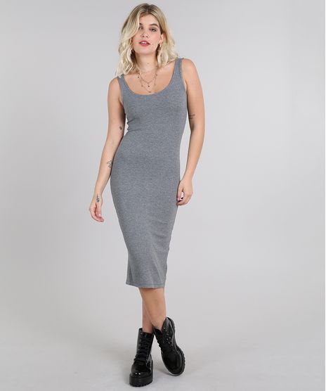 Vestido-Feminino-Midi-Canelado-com-Fenda-Alca-Larga-Cinza-Mescla-Escuro-9445876-Cinza_Mescla_Escuro_1