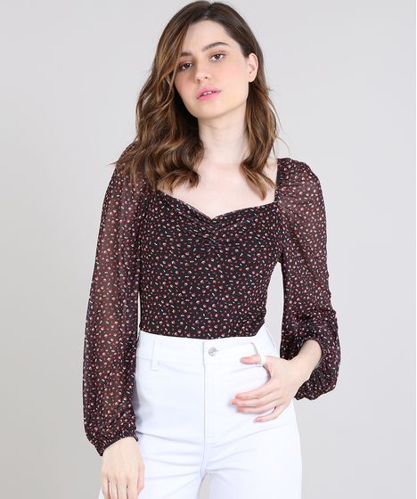 Blusa Feminina Mindset Estampada Floral Em Tule Manga Longa Decote
