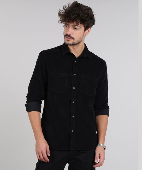 Camisa-Masculina-em-Veludo-Cotele-com-Bolso-Manga-Longa-Preta-9383072-Preto_1