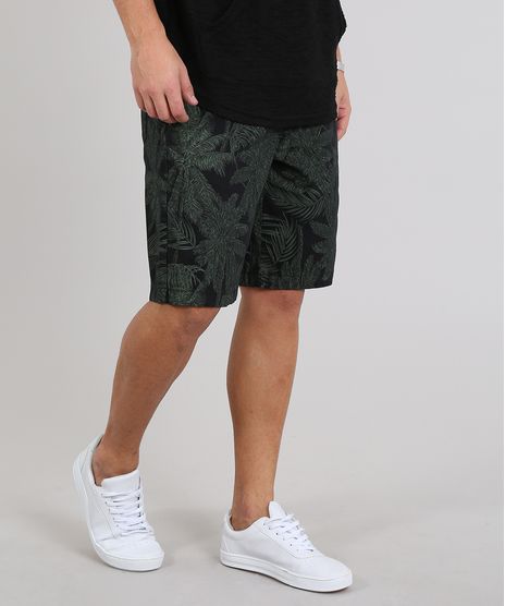 Bermuda-de-Sarja-Masculina-Estampada-Tropical-com-Bolsos-Preta-9544068-Preto_1