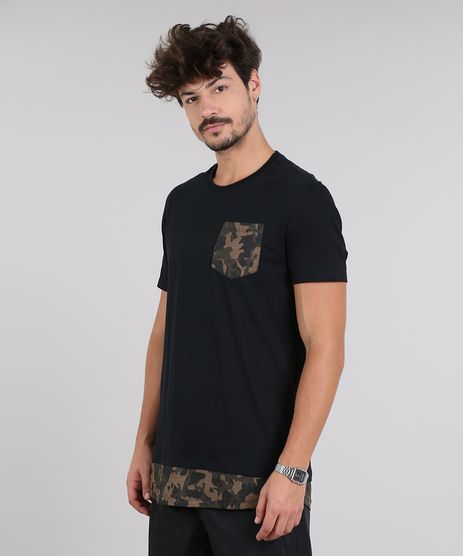 Camiseta-Masculina-Longa-com-Bolso-Estampado-Camuflado-Manga-Curta-Gola-Careca-Preta-9614589-Preto_1