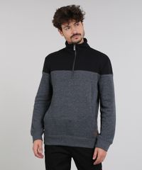 Blusao-Masculino-em-Moletom-com-Meio-Ziper-e-Recorte--Cinza-Mescla-Escuro-9349334-Cinza_Mescla_Escuro_1