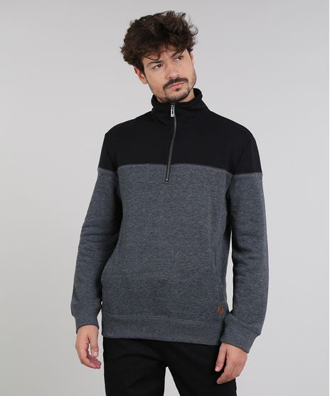 Blusao-Masculino-em-Moletom-com-Meio-Ziper-e-Recorte--Cinza-Mescla-Escuro-9349334-Cinza_Mescla_Escuro_1