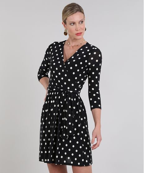 Vestido-Feminino-Curto-Estampado-de-Poa-Manga-3-4-Preto-9484995-Preto_1