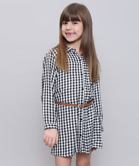 Vestido-Chemise-Infantil-Estampado-Xadrez-com-Cinto-Manga-Longa-Preto-9550231-Preto_1