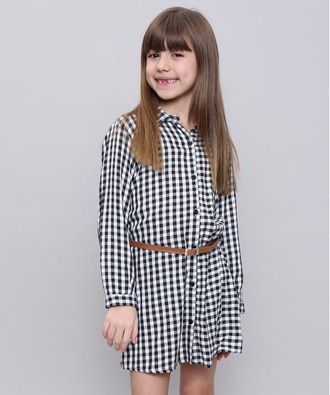 Vestido-Chemise-Infantil-Estampado-Xadrez-com-Cinto-Manga-Longa-Preto-9550231-Preto_1