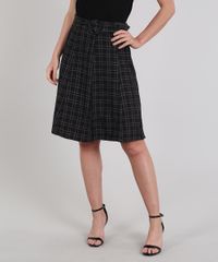 Saia-Feminina-Estampada-Xadrez-com-Cinto-Preta-9502463-Preto_1