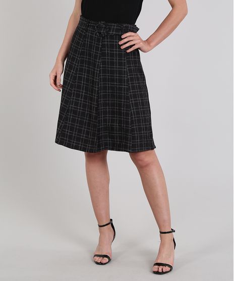Saia-Feminina-Estampada-Xadrez-com-Cinto-Preta-9502463-Preto_1