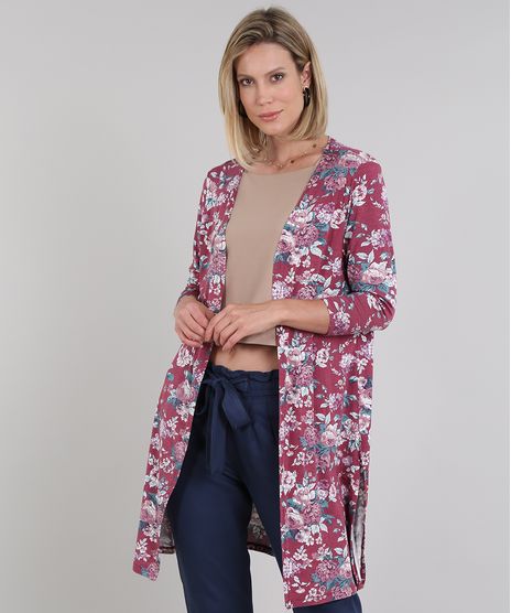 Capa-Feminina-Longa-Estampada-Floral-com-Fenda-Manga-3-4-Vinho-9570724-Vinho_1