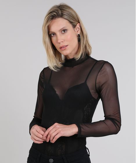 Blusa Feminina Em Tule Manga Longa Gola Alta Preta Cea