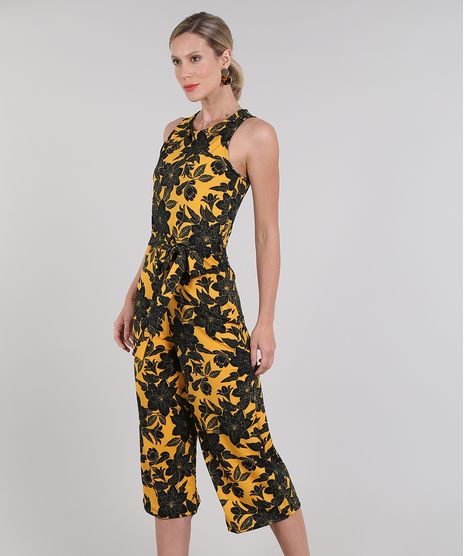 Macacao-Feminino-Pantacourt-Estampado-Floral-com-Amarracao-Sem-Manga-Mostarda-9571933-Mostarda_1