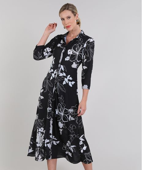 Vestido-Chemise-Feminino-Midi-Estampado-Floral-Manga-3-4-Preto-9578228-Preto_1