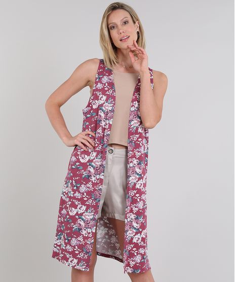 Colete-Feminino-Longo-Estampado-Floral-com-Fenda-Vinho-9570722-Vinho_1