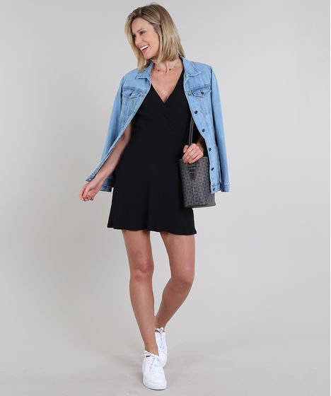 Vestido Feminino Curto Canelado Transpassado Manga Curta Preto Cea