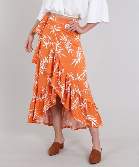 Saia-Feminina-Midi-Mullet-Envelope-Estampada-de-Folhagem-com-Babado-Laranja-9579180-Laranja_1