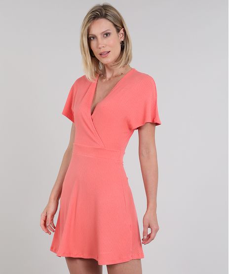 Vestido-Feminino-Curto-Canelado-Transpassado-Manga-Curta-Coral-9581014-Coral_1