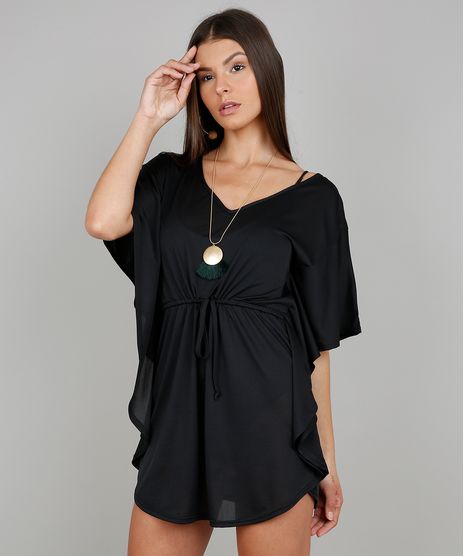 Saida-de-Praia-Feminina-Kaftan-Curta-com-Amarracao-Manga-Curta-Preta-9544270-Preto_1