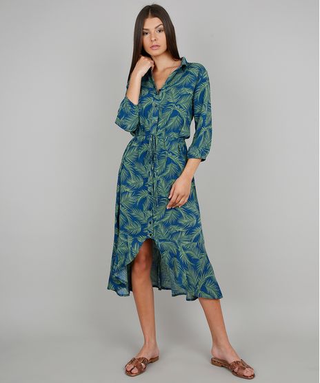 Vestido-Chemise-Feminino-Midi-Estampado-de-Folhagem-Manga-3-4-Azul-9575046-Azul_1