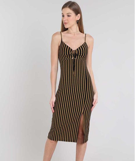 Vestido-Feminino-Midi-Listrado-com-Vazado-Alca-Fina-Mostarda-9439864-Mostarda_1