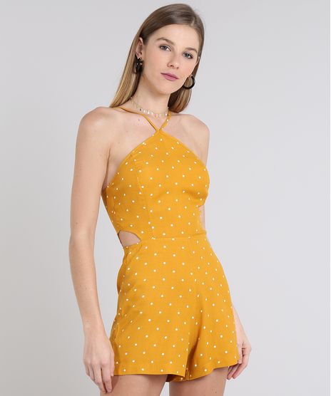Macaquinho-Feminino-Halter-Neck-Estampado-de-Poa-com-Vazado-Mostarda-9577426-Mostarda_1
