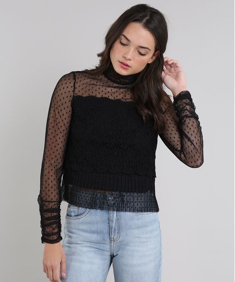 Blusa Feminina Mindset Em Tule Com Renda Manga Longa Gola Alta