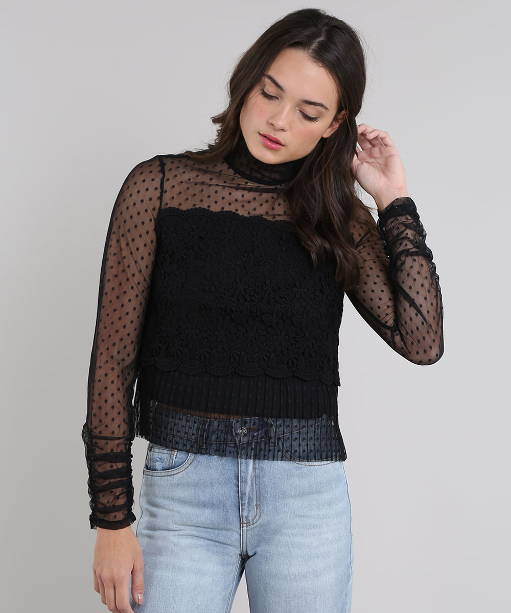 Blusa Feminina Mindset Em Tule Com Renda Manga Longa Gola Alta