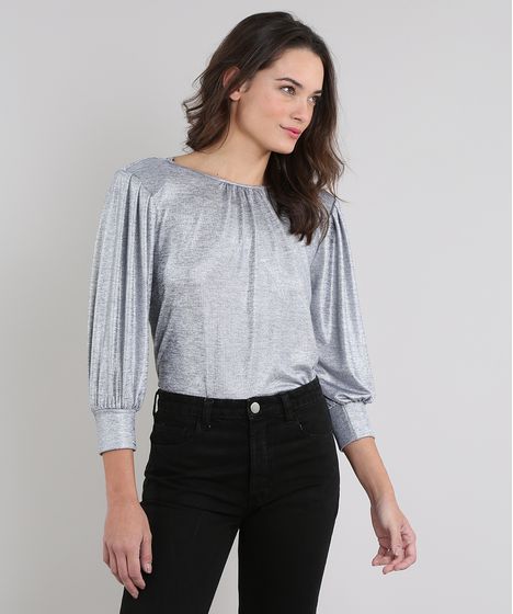 Blusa Feminina Mindset Degage Com Ombreiras Manga 3 4 Cinza Mescla