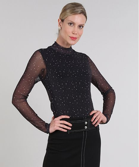 Blusa Feminina Estampada De Poa Em Tule Com Forro Manga Longa Gola