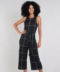 Macacao-Feminino-Pantacourt-Estampado-Quadriculado-com-Faixa-para-Amarrar-Sem-Manga-Preto-9571934-Preto_1