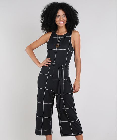 Macacao-Feminino-Pantacourt-Estampado-Quadriculado-com-Faixa-para-Amarrar-Sem-Manga-Preto-9571934-Preto_1