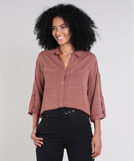 Camisa-Feminina-com-Bolsos-Manga-7-8-Marrom-9450872-Marrom_1