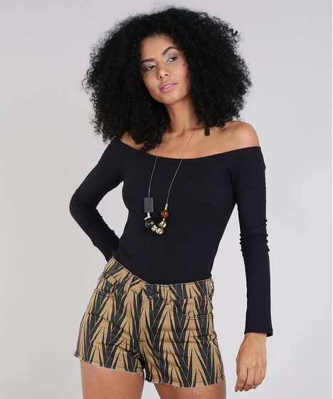 Blusa Feminina Canelada Ombro A Ombro Manga Longa Preta Cea