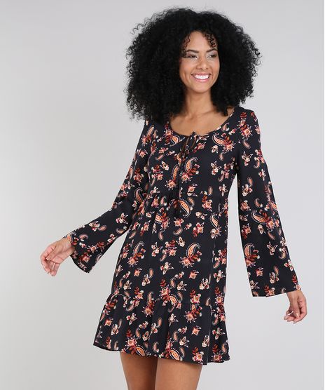 Vestido-Feminino-Curto-Estampado-Paisley-com-Tassel-Manga-Sino-Preto-9575912-Preto_1