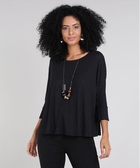 Blusa-Feminina-Oversized-Canelada-Manga-7-8-Decote-Redondo-Preta-9561503-Preto_1