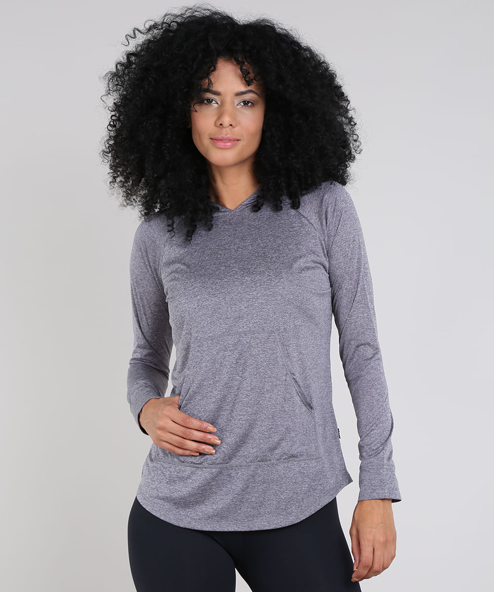 Blusa Feminina Esportiva Ace Com Bolso E Capuz Manga Longa Cinza