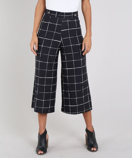 Calca-Feminina-Pantacourt-Estampada-Quadriculada-com-Martingale-e-Botao-Preta-9569393-Preto_1