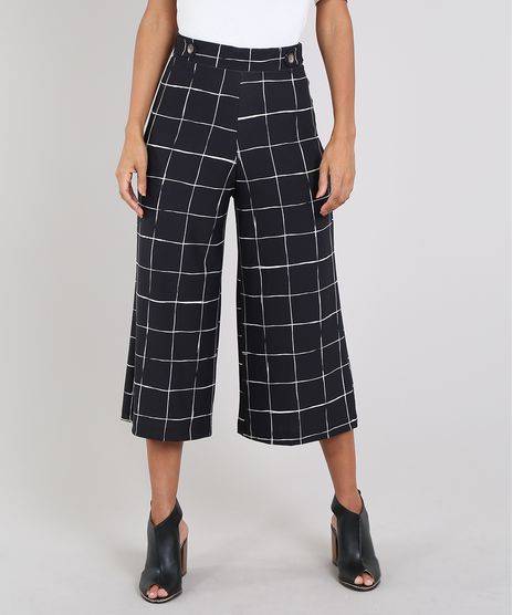 Calca-Feminina-Pantacourt-Estampada-Quadriculada-com-Martingale-e-Botao-Preta-9569393-Preto_1