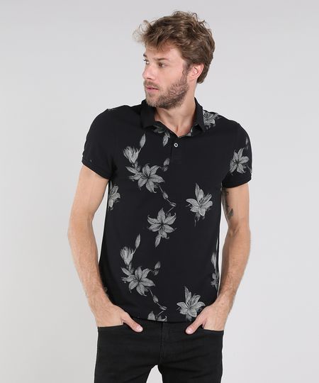 Polo-Masculina-em-Piquet-Estampada-Floral-Manga-Curta-Preta-9564353-Preto_1