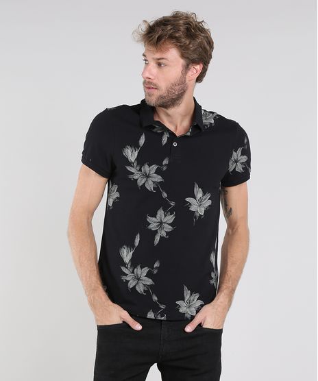 Polo-Masculina-em-Piquet-Estampada-Floral-Manga-Curta-Preta-9564353-Preto_1