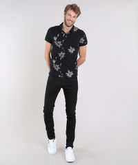 Polo-Masculina-em-Piquet-Estampada-Floral-Manga-Curta-Preta-9564353-Preto_3
