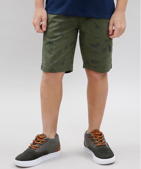 Bermuda-de-Sarja-Infantil-Estampada-de-Caveiras-com-Bolsos-Verde-Militar-9579763-Verde_Militar_1
