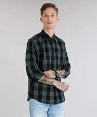 Camisa-Masculina-Xadrez-com-Bolso-Manga-Longa-Verde-Militar-8448777-Verde_Militar_1