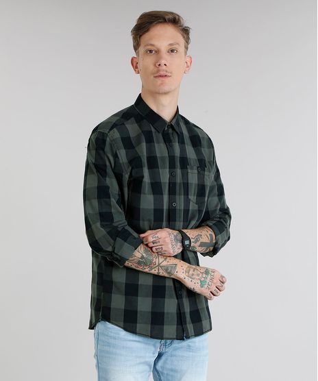 Camisa-Masculina-Xadrez-com-Bolso-Manga-Longa-Verde-Militar-8448777-Verde_Militar_1