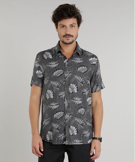 Camisa-Masculina-Estampada-de-Folhagem-Manga-Curta-Cinza-9146544-Cinza_1